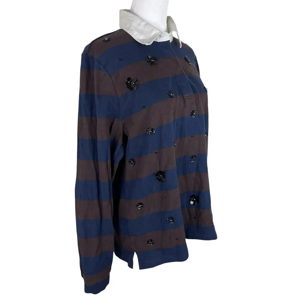J. Crew Premium Weight Classic Embellished Stripe Preppy Rugby Shirt Size Medium